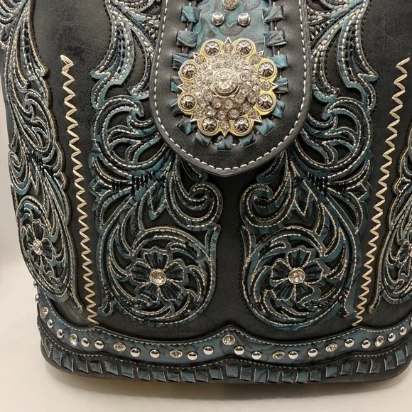 Western Embroidered Crossbody Bucket Bag Black Teal Floral Studded Concho Boho - Picture 3 of 14